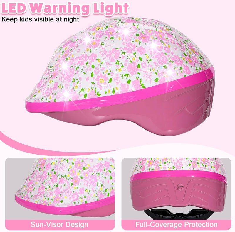 EllaSeek خوذة للأطفال، خوذة أطفال مع أضواء LED، خوذات دراجات مع مجموعة واقيات ركب وأكواع للأطفال من 3-5-8 سنوات للفتيات، خوذات دراجات، سكوتر، لوح تزلج - Image 3
